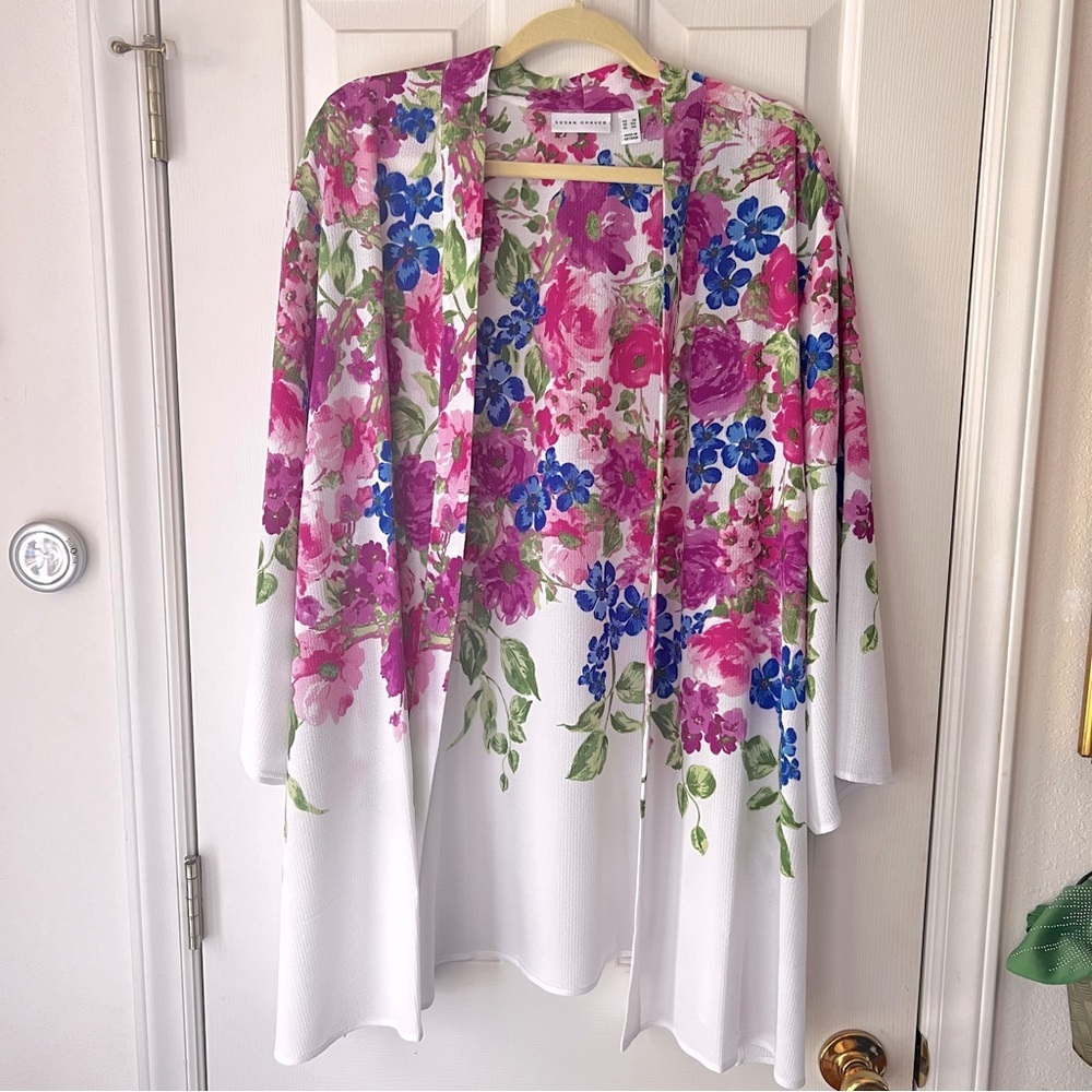 QVC Susan Graver Open Front Floral Kimono Flowy Top Plus Size 3X